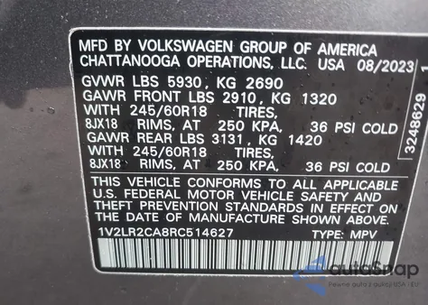 2024 Volkswagen Atlas 2.0T Se из США, поврежденный, VIN 1V2LR2CA8RC514627